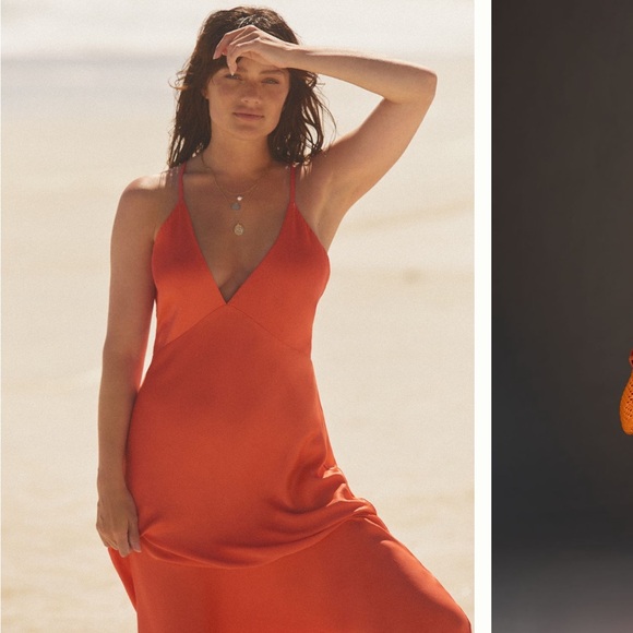 NWT Anthropologie Plunge Deep V-Neck Orange Satin Slip Maxi Dress Gown - Picture 4 of 5